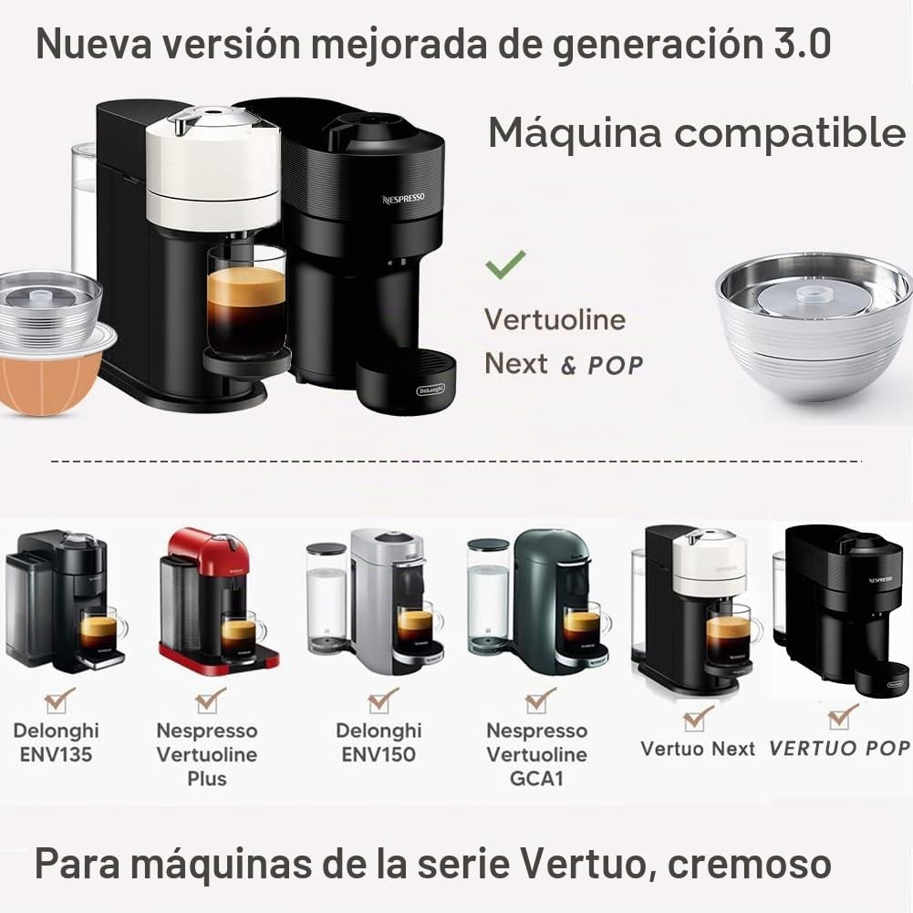 Sesama Vertuo Series - Cápsula de café reutilizable de acero inoxidable compatible con VERTUO Next & VERTUO POP & VertuoPlus y Delonghi ENV135S Cápsulas de café reutilizables Nespresso