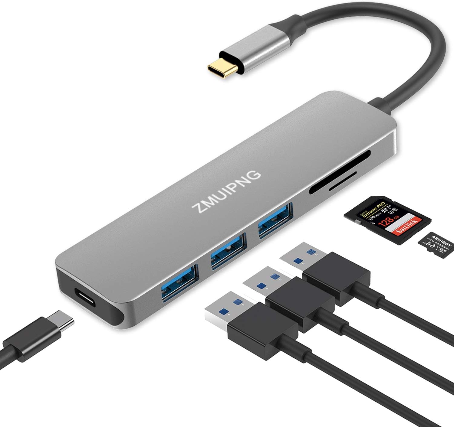 USB Type C Hub Adapter for MacBook Pro 2018 & 2019-2016, MacBook Air 2018 and More, 6 in 1 Dongle with SD Micro SD Card Reader,3 USB 3.0 Ports,USBC Power Pass-Through Charging Port