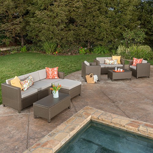 Christopher Knight Home Puerta Outdoor Wicker Sofa Set, 9-Pcs Set, Brown / Ceramic Grey #TOP2