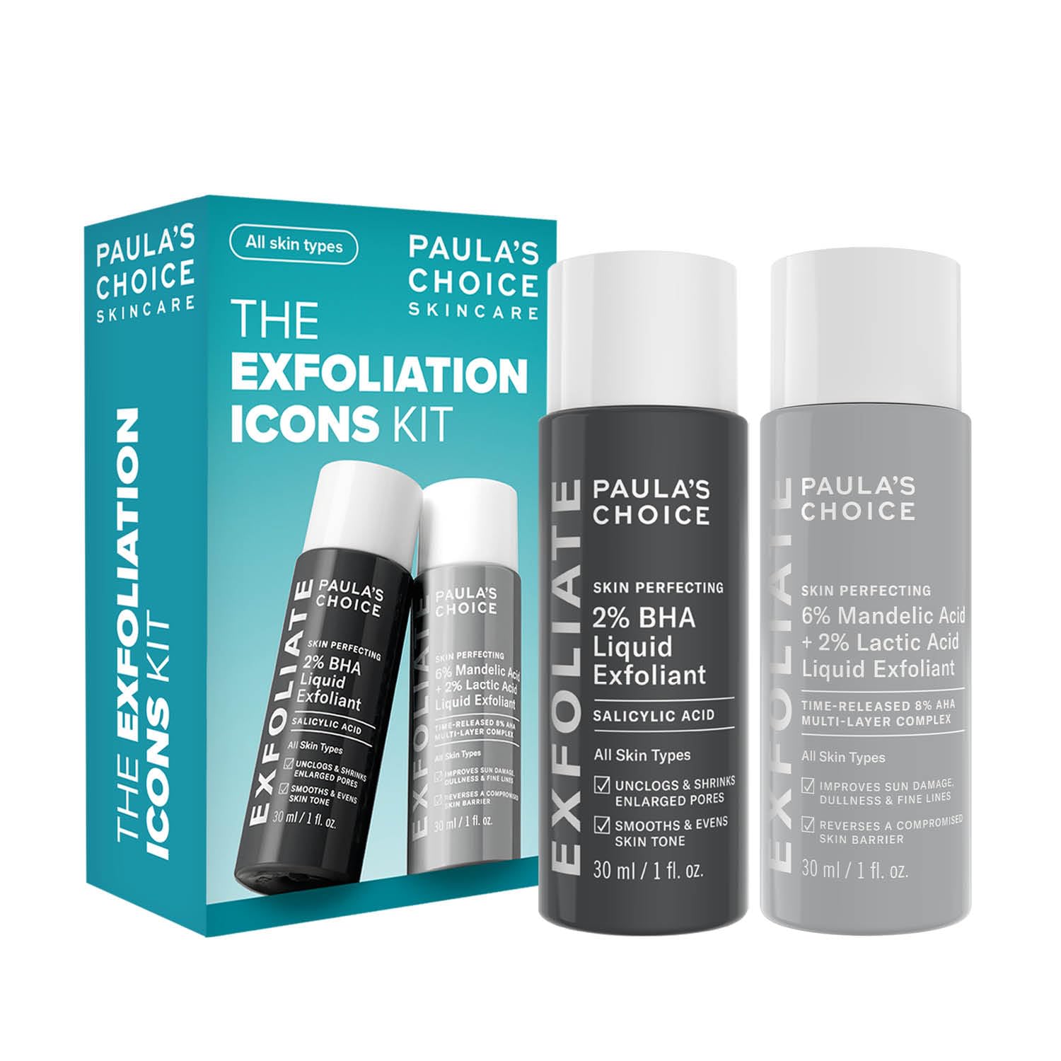Paula's Choice Kit D'Exfoliants - AHA & BHA Exfoliant Liquide pour une Peau Plus Éclatante - Aide à Réduire les Points Noirs & les Imperfections - avec Acide Salicylique - Tous Types de Peaux