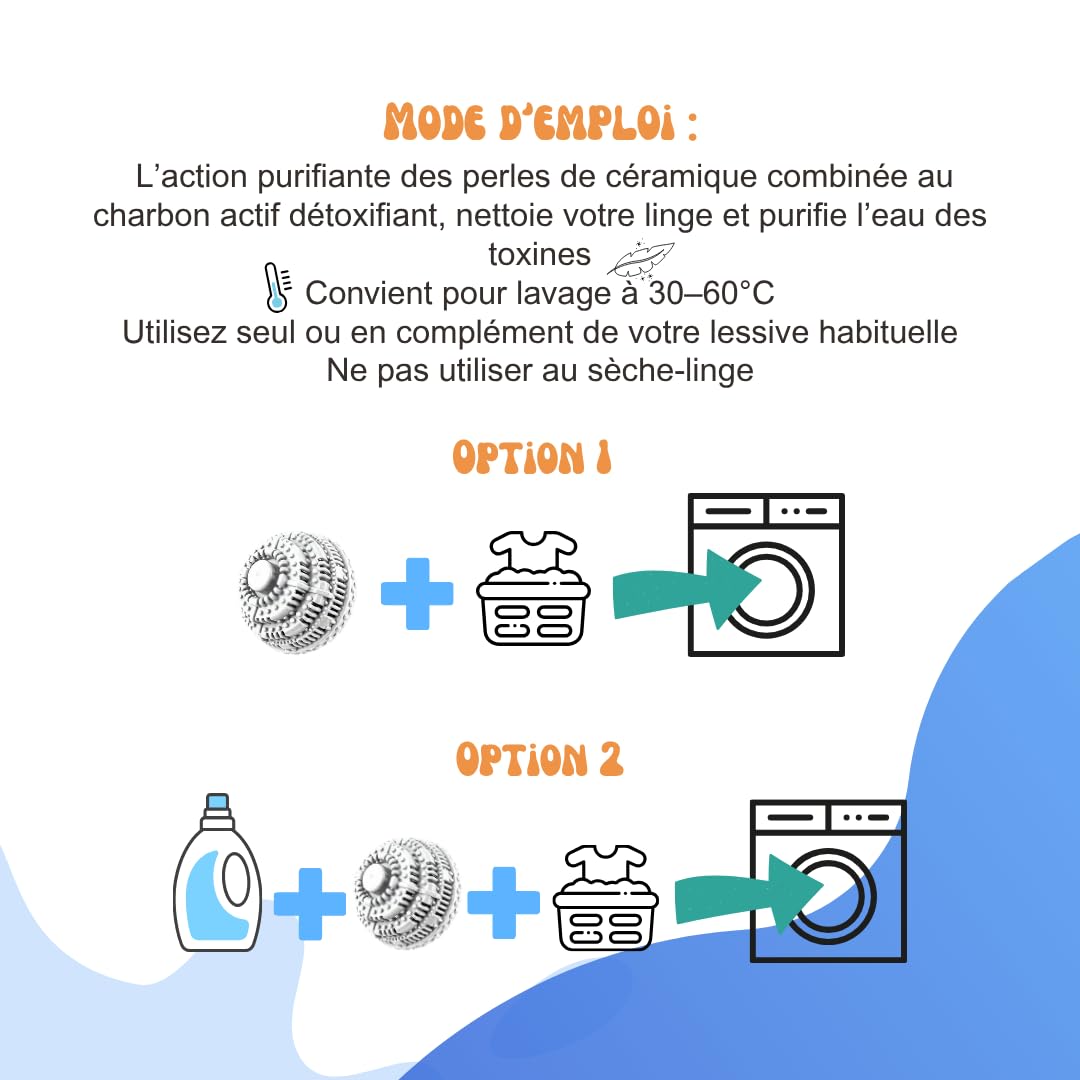 Boule de Lavage Écologique Réutilisable | Hypoallergénique | Perles de Céramiques & Charbon Actif | Nettoie et Purifie l’Eau | Alternative Naturelle à la lessive