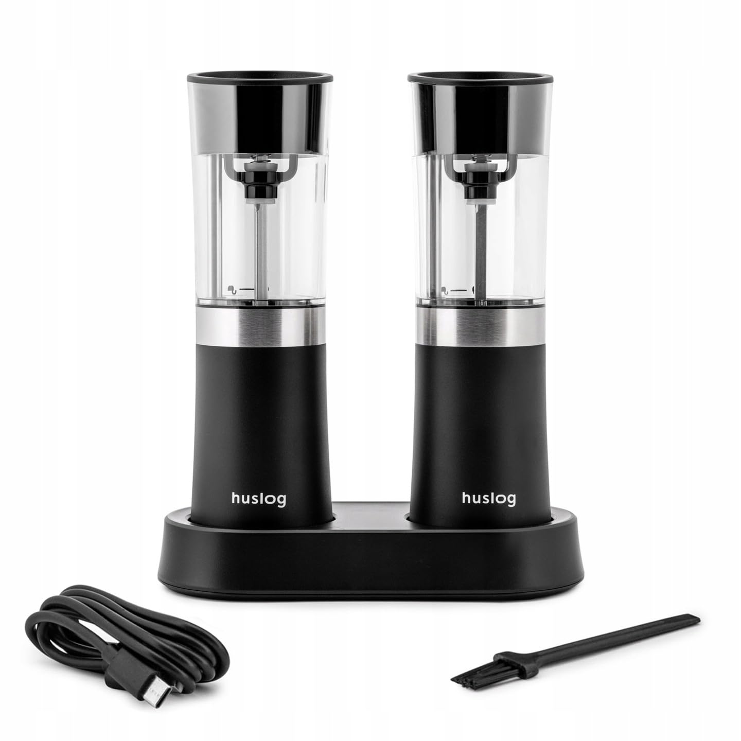 Elektrische Salz- & Pfeffermühlen 2er-Set (Schwerkraft) – USB-C wiederaufladbar mit Ladestation, LED-Licht, einstellbarer, 100 ml, schwarz, inkl. Reinigungsbürste