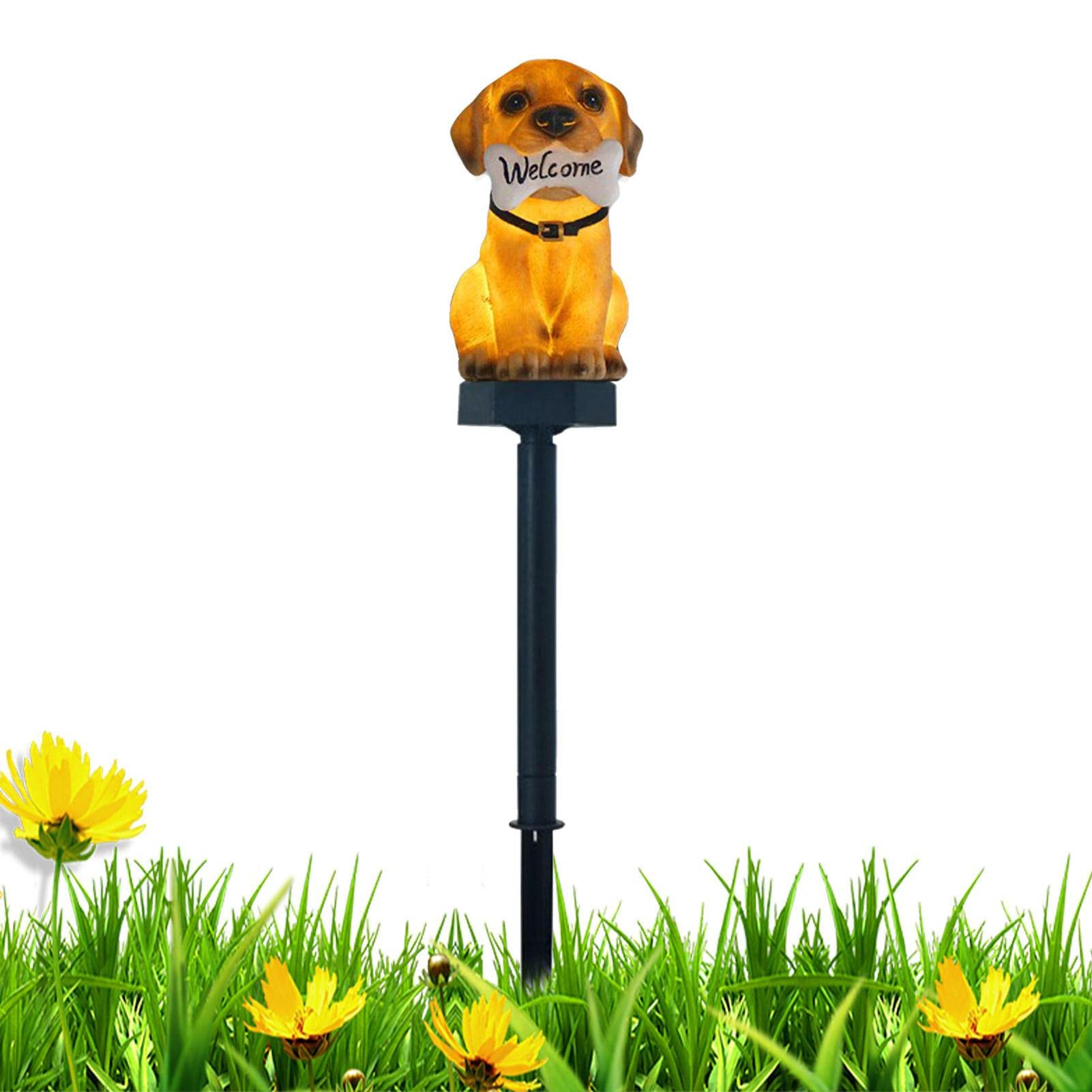 Keloc Single Pack Solar Ground Lights, Welcome Puppy Dog Solar Powered Led Light - Dog With Bone Garden Sculpture, Animal Solar Lights For Yard, Garden, Size 6