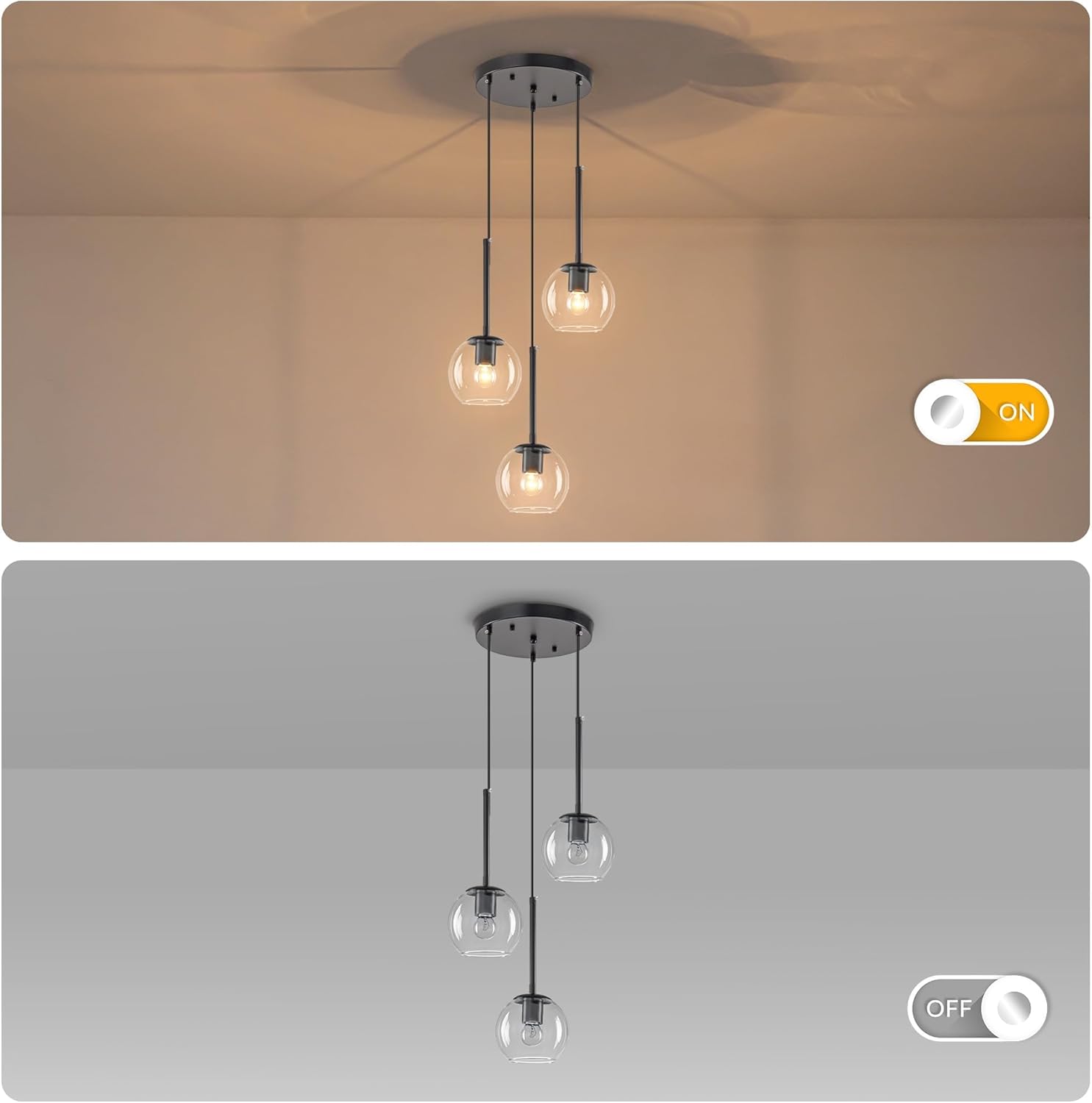 3-Light Black Modern Cluster Pendant Light with Clear Globe Glass Shade, Adjustable Height Pendant Lighting for Kitchen Island Dining Room Bedroom Foyer Entryway