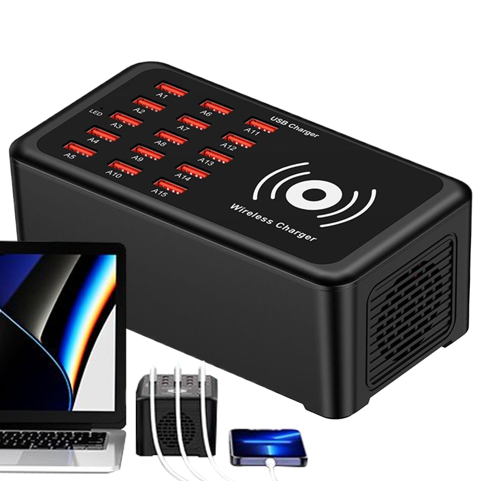 Stazione Di Ricarica USB 15 Porte Alta Velocità Portatile | Caricatore USB Per Laptop Con Blocco A Multiple Porte Per Laptop Telefono Tablet Adulti Adolescenti Casa Ufficio Viaggio