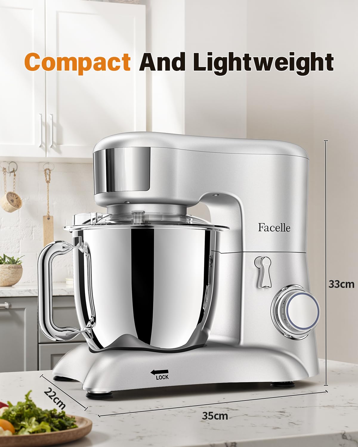 Facelle Batidora Amasadora, 1300W Bajo Ruido Amasadora Reposteria, 6,5L Bol de Acero Robot Cocina, Mixer Multifuncional para pasteles, pizzas, masa y galletas