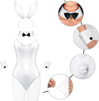 Geyoga Anime Women Bunny Costume Bunny Outfit Halloween Cosplay Bodysuit Role Costume Bunny Headband Stocking Set