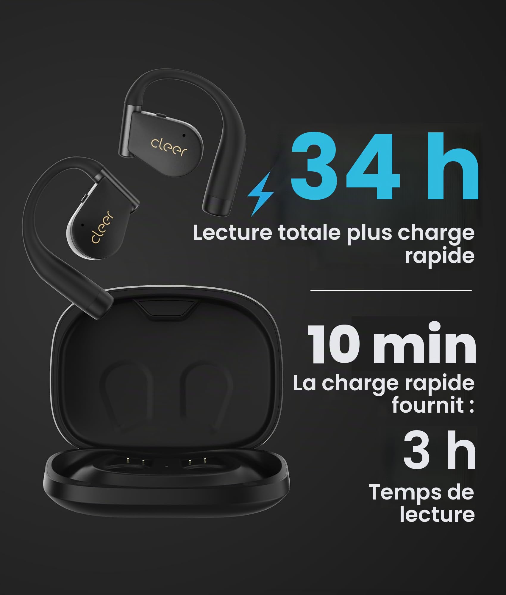 Cleer ARC 4 Plus Écouteurs ouverts Bluetooth sans fil avec audio Dolby et suivi de la tête, écouteurs tour d'oreille avec 34 heures d'autonomie, casque de sport étanche IPX7 pour entraînement