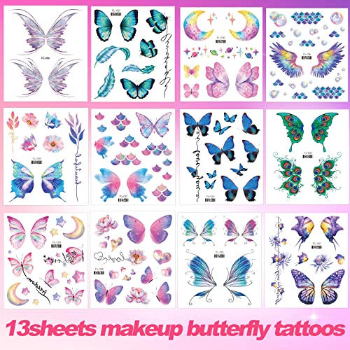 Coszeos Glitter Butterfly Makeup Temporary Tattoos For Women Girls, 13Sheets Colorful Butterflies Wings Fake Tattoo Stickers Waterproof For Face Eye Makeup Birthday Party Favors Gifts #TOP1