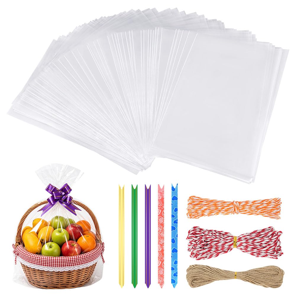 Adiwo 50Pcs Clear Cellophane Treat Bags, 40 x 50cm Cellophane Bag, Clear Resealable Flat Cello Bags with 40m Binding Cable and Colorful Pull Bows, Food Safe for Packaging Cookies Sweets Gifts Card