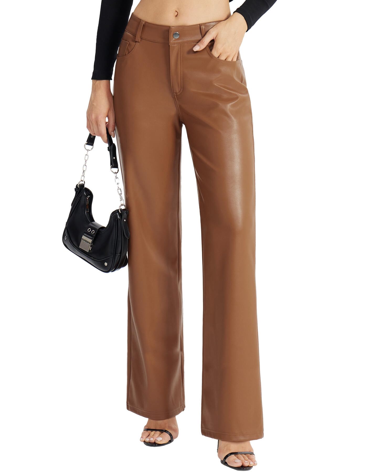 Brown Faux Leather Pants Women Straight Leg PU Jeans with Pockets 12