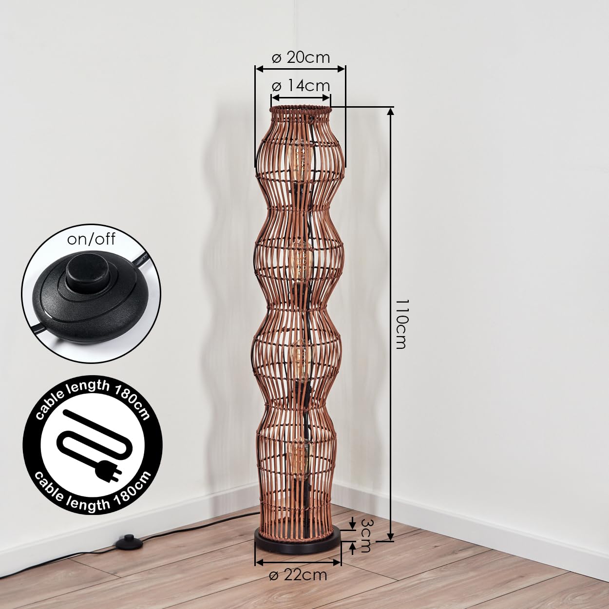 HOFSTEIN Stehleuchte Cardeira, Stehlampe im skandinavischen Design, Boho-Style mit Schirm aus Rattan in Natur, mit Lichteffekt, E27, Höhe 110cm, Fußschalter - Wohnzimmer, Schlafzimmer, Esszimmer, Flur