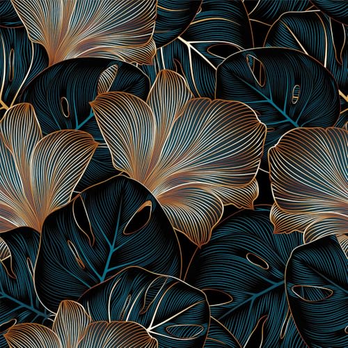 Tropical Leaf Wallpaper Peel and Stick Self Adhesive Dark Black Blue Gold Watercolor Vivid Whimsical Botanical Leaf Contact Paper Removable Waterproof for Bedroom Renter friendly 17.71"x118.1"