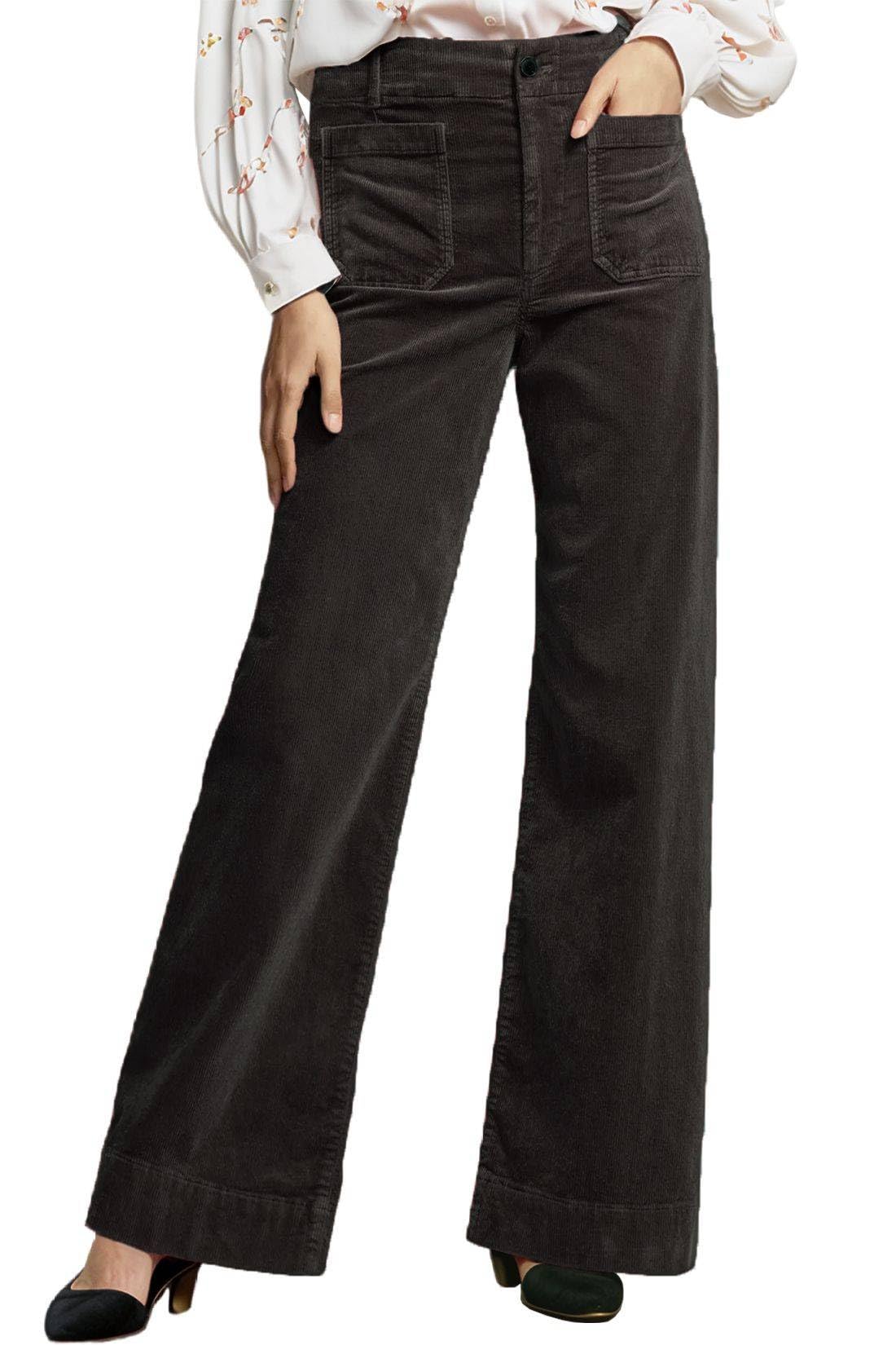 Corduroy Pants Women Elastic Waist Flare Pants Bell Bottom Business Casual Trousers Pants for Women Black