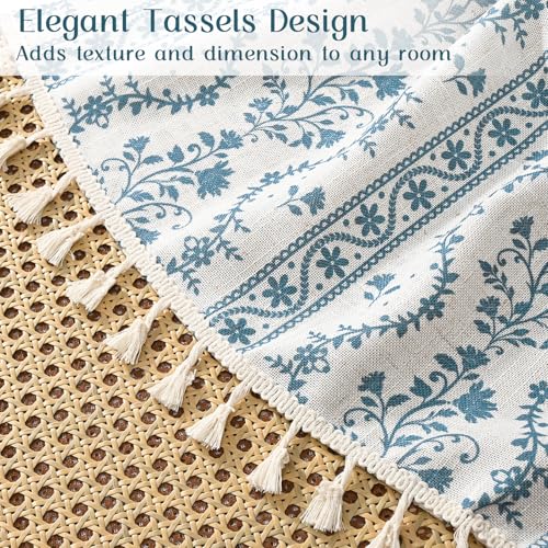 Image of Yinhua Boho Kitchen Curtains 36 Inch Length Vintage Linen Cafe Curtains Light Filtering Bohemian Floral Tier Rod Pocket Farmhouse Rustic Tassel Small Drapes with Tiebacks, 2 Panels, White Blue