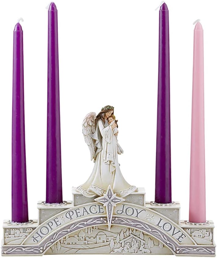 Guardian Angel with Baby Jesus Advent Candle Holder White & Silver Tiered Tabletop Figurine, Inspirational Base Inscription, Countdown to Christmas Centerpiece for 4 Candles