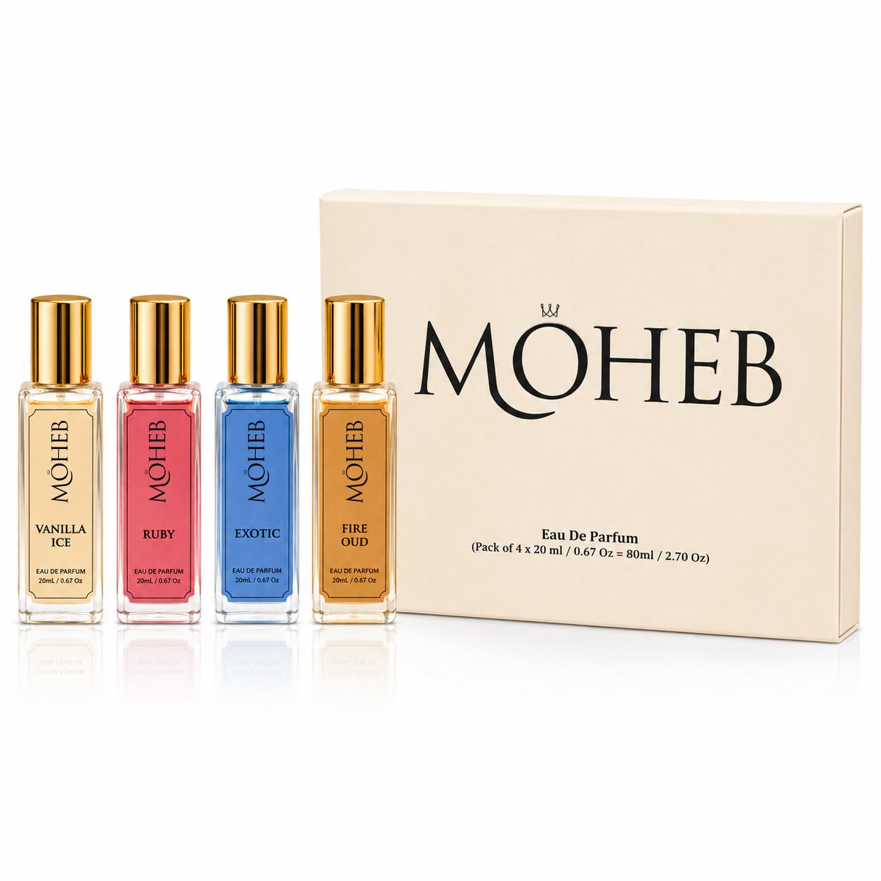 Moheb Discovery Set - 4 Piece Luxury Eau De Parfum Travel Kit for Men & Women (20ml x 4) Long Lasting Fragrance Gift Box with Vanilla Ice, Ruby, Exotic & Fire Oud - Premium Daily Wear Perfume Set-image-8