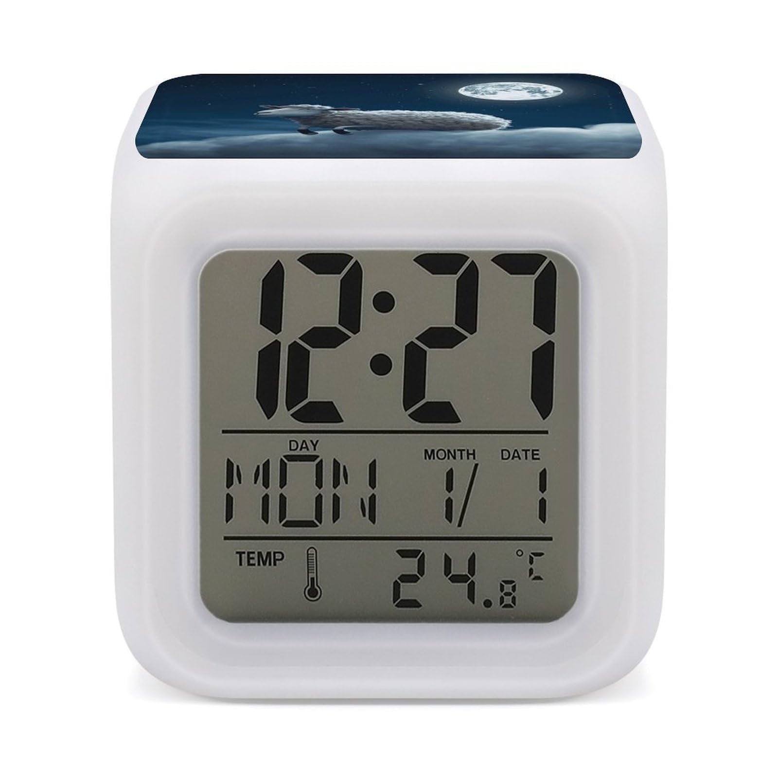 DWVTSLH Sheep Flying Over The Moon Alarm Clock with 7 Color Changing Night Light, Wake Up Digital Clock for Bedroom, Bedside Cube Clock with Date, Temperature, Battery Operated Desk Clock Gift