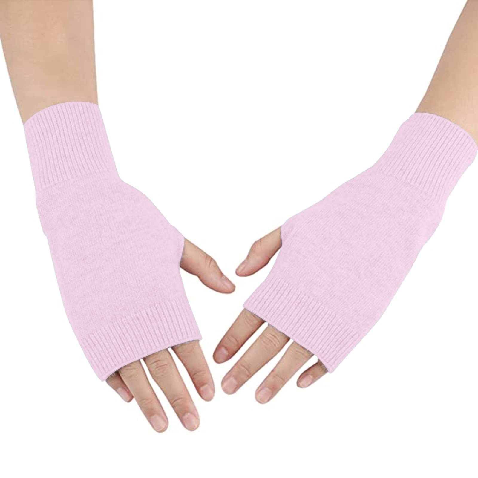 Dwe Women's Pink Cashmere Fingerless Gloves, Half Fingerless Gloves Winter Thermal Gloves Mittens Thumb Hole Wrist Warmers Gloves Christmas Gifts For Girls (Pink)