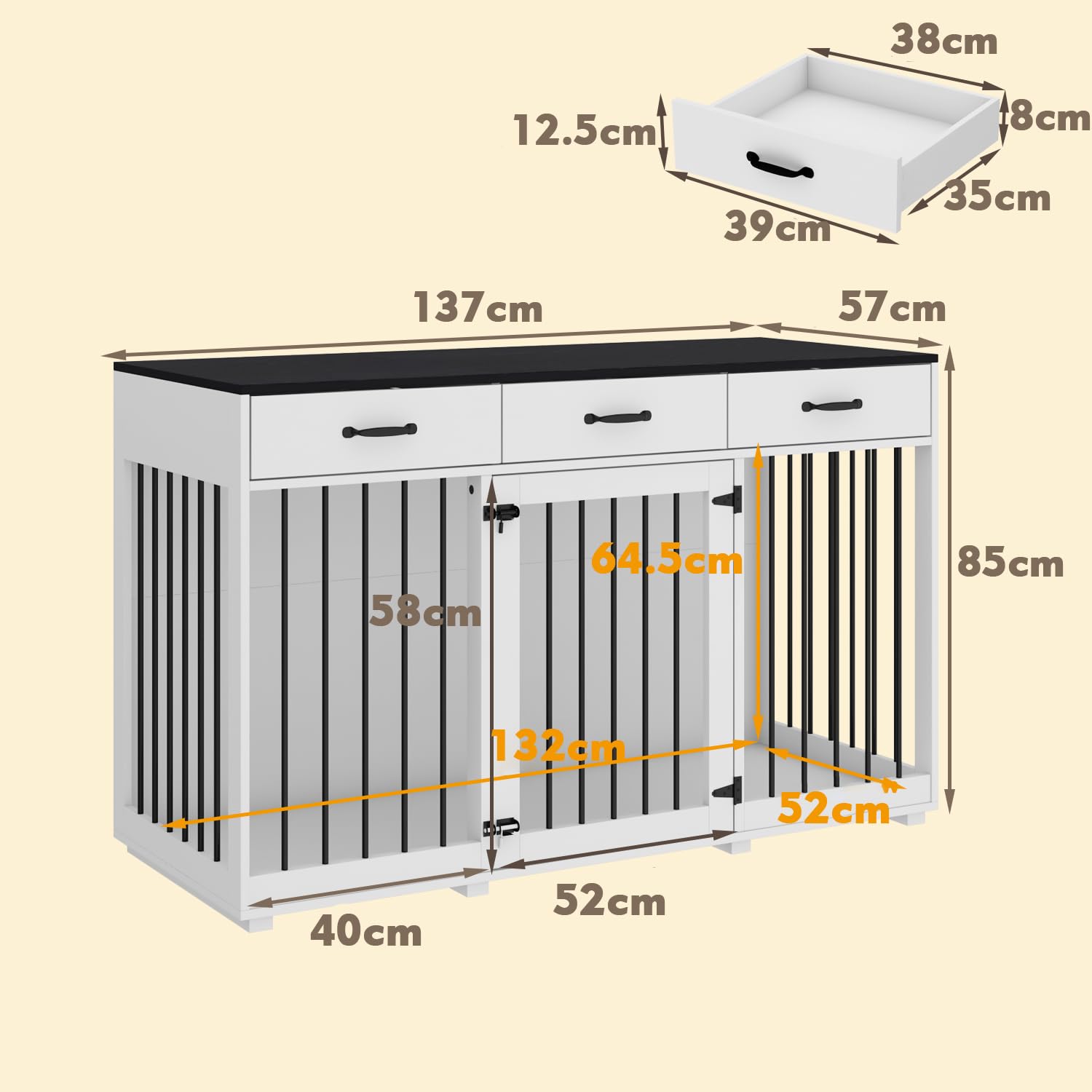Cage pour chien Palace - Élégante caisse XXL avec tiroirs - 137 x 57 x 85 cm - Meuble et niche pour chien en un - Noir/blanc pour des nez en fourrure soucieux du style