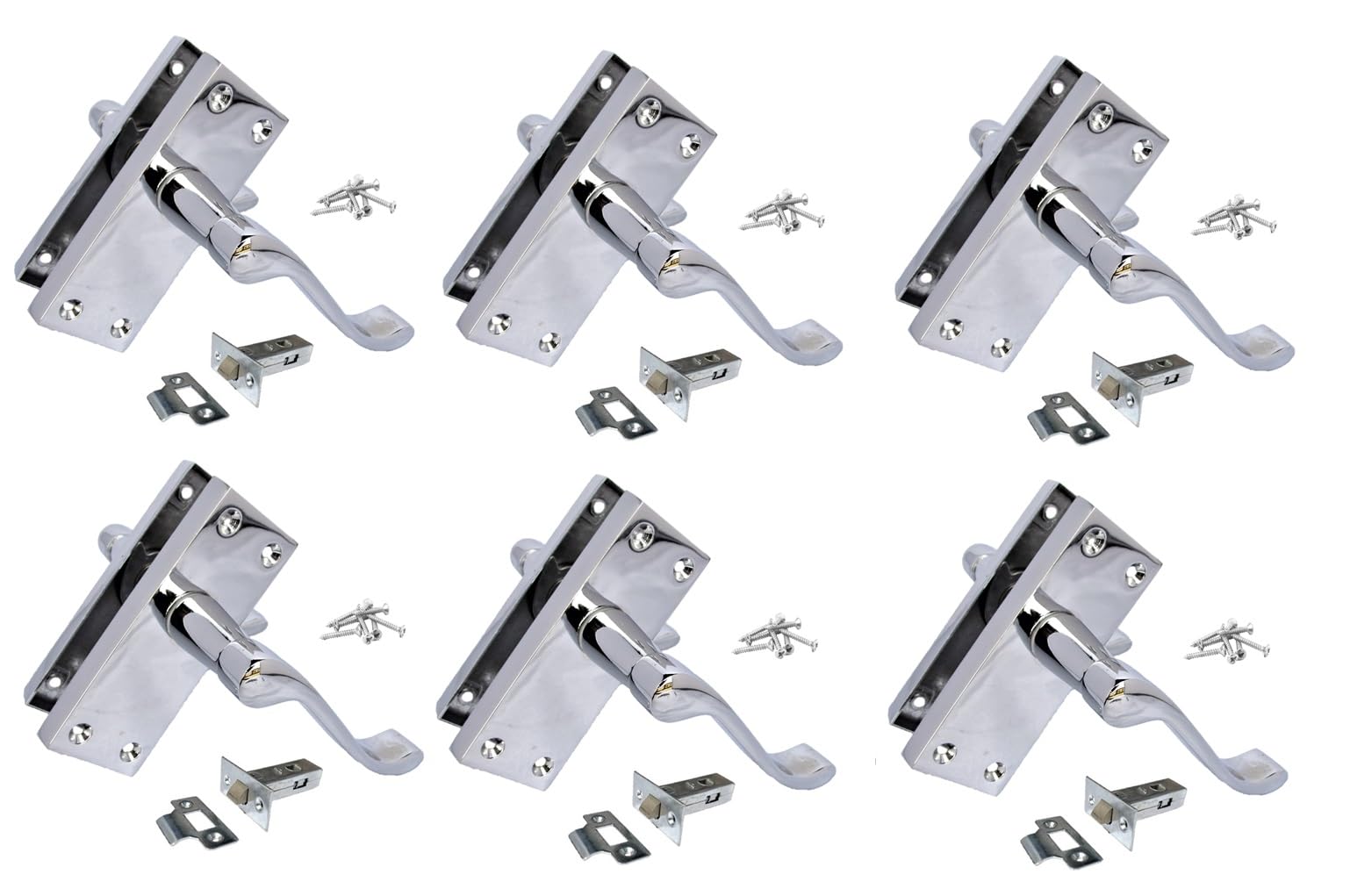 Epsom Door Handle Silver Victorian Scroll Lever Handle On Backplate – 118Mm X 42Mm Plate, 120Mm Lever – Polished Chrome Door Handle – Pack Of 6 – With 63Mm Tubular Latch