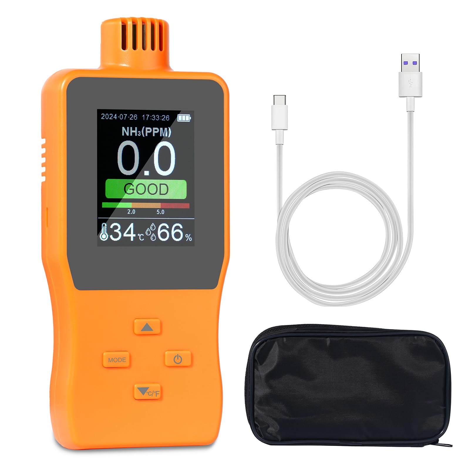 Detector de Gas de Amoníaco Portátil 0~100 PPM Probador Gas ³ - Monitor Temperatura y Humedad para Cámara Frigorífica - Diseño Portátil