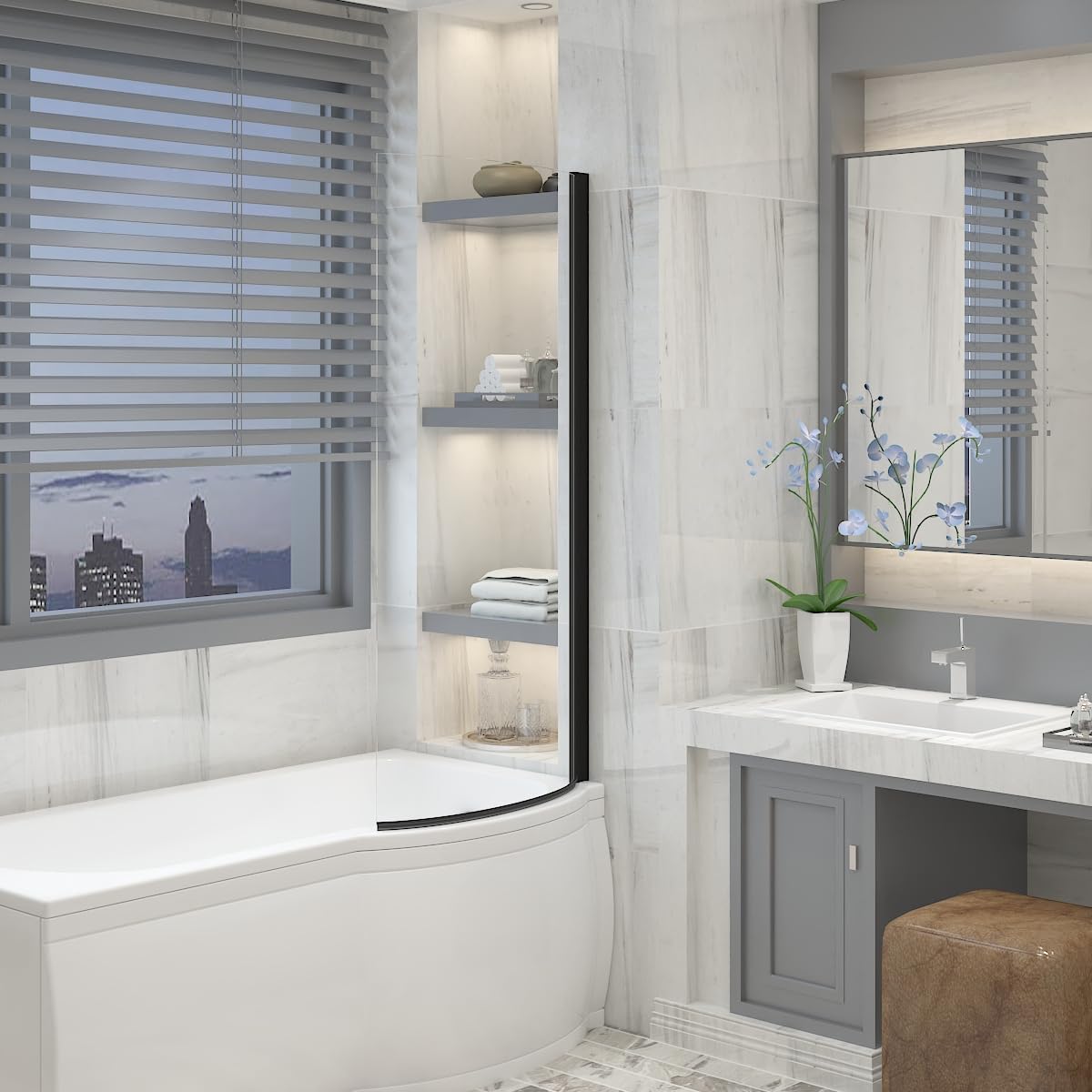 Aquariss Black 715X1400mm Pivot Curved P Shaped Bath Screen Panel 6Mm Toughened Safety Glass Aluminium