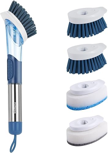 Miniatura 8 de NileHome Juego de cepillos para platos dispensadores de jabón, limpiador de platos con 4 cabezales reemplazables, cepillo con mango para limpiar
