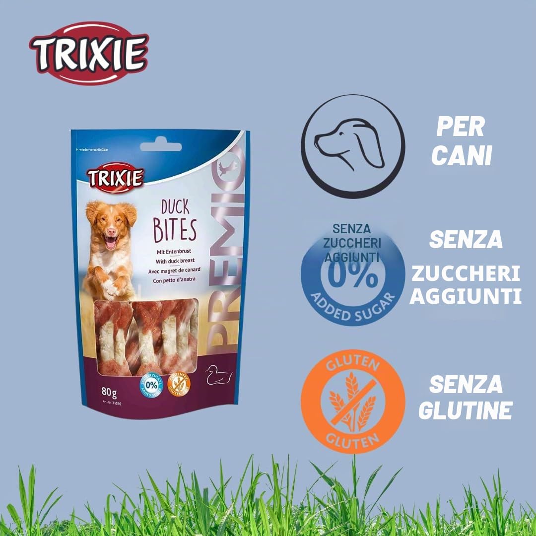 TRIXIE PREMIO bocconcini di anatra snack per cani – snack monoproteico all'anatra senza zuccheri aggiunti né glutine – senza cereali – premio per l'addestramento – 80 g