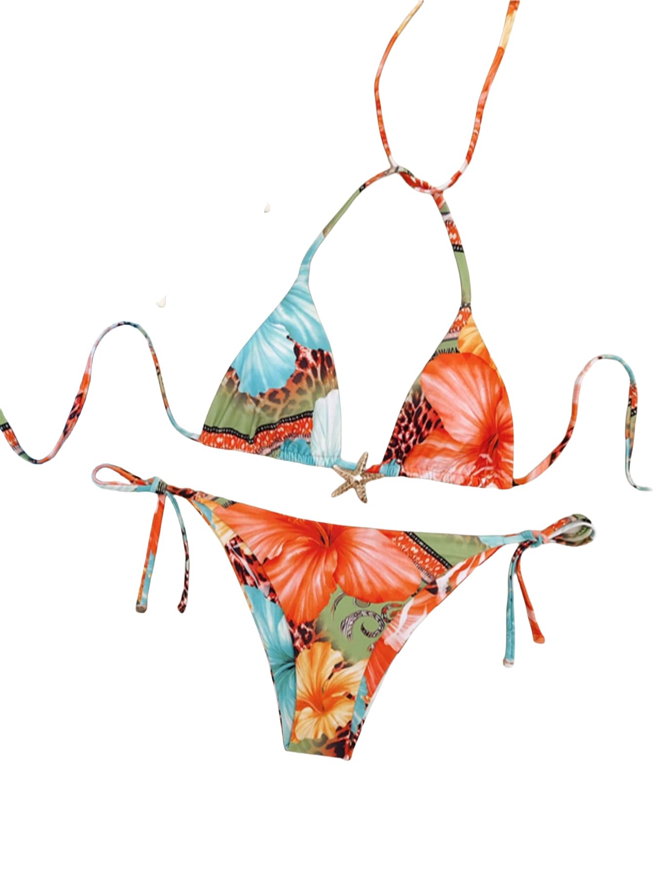 QJQ Women's 2 Piece Bikini Sets Floral Leopard Starfish Metal Triangle Bathing Suit Cheeky String Swimsuit