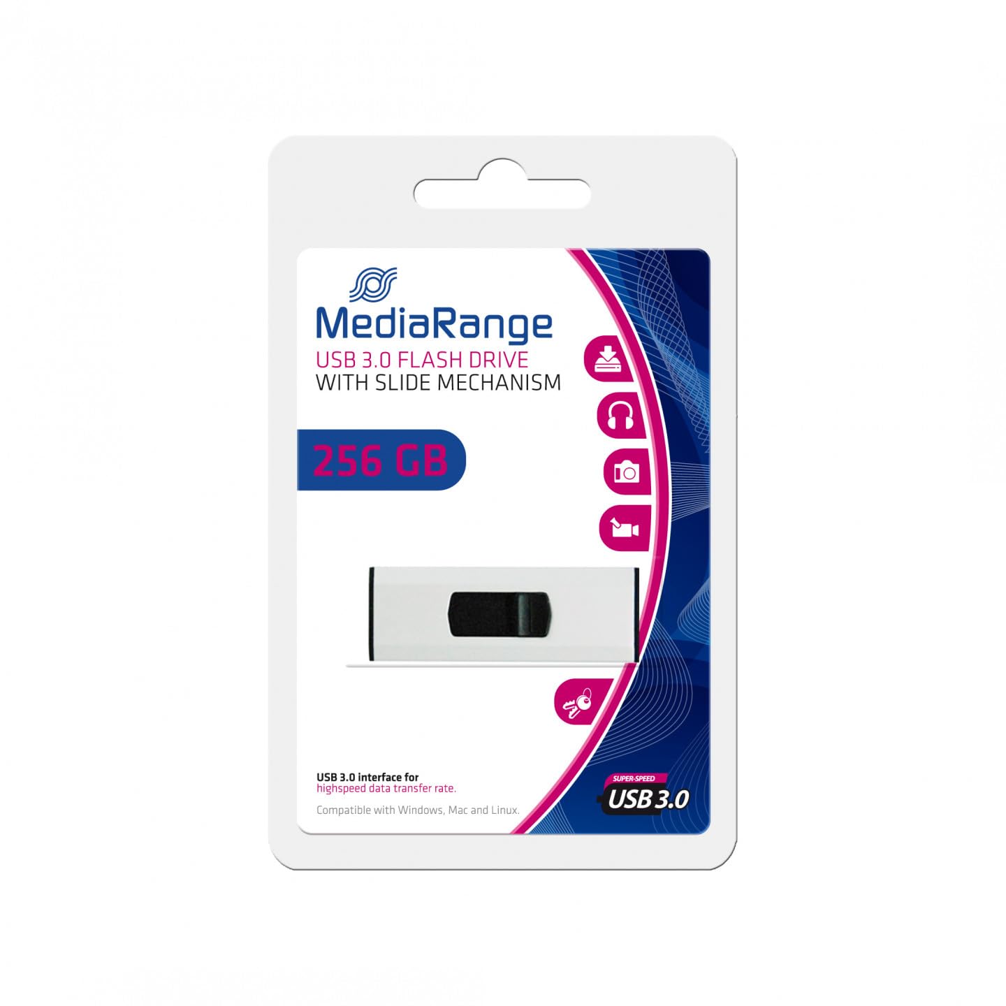 MediaRange MR919 USB Flash Drive 256GB USB 3.0 (3.1 Gen 1) Type A Black Silver 100MB/s Slide