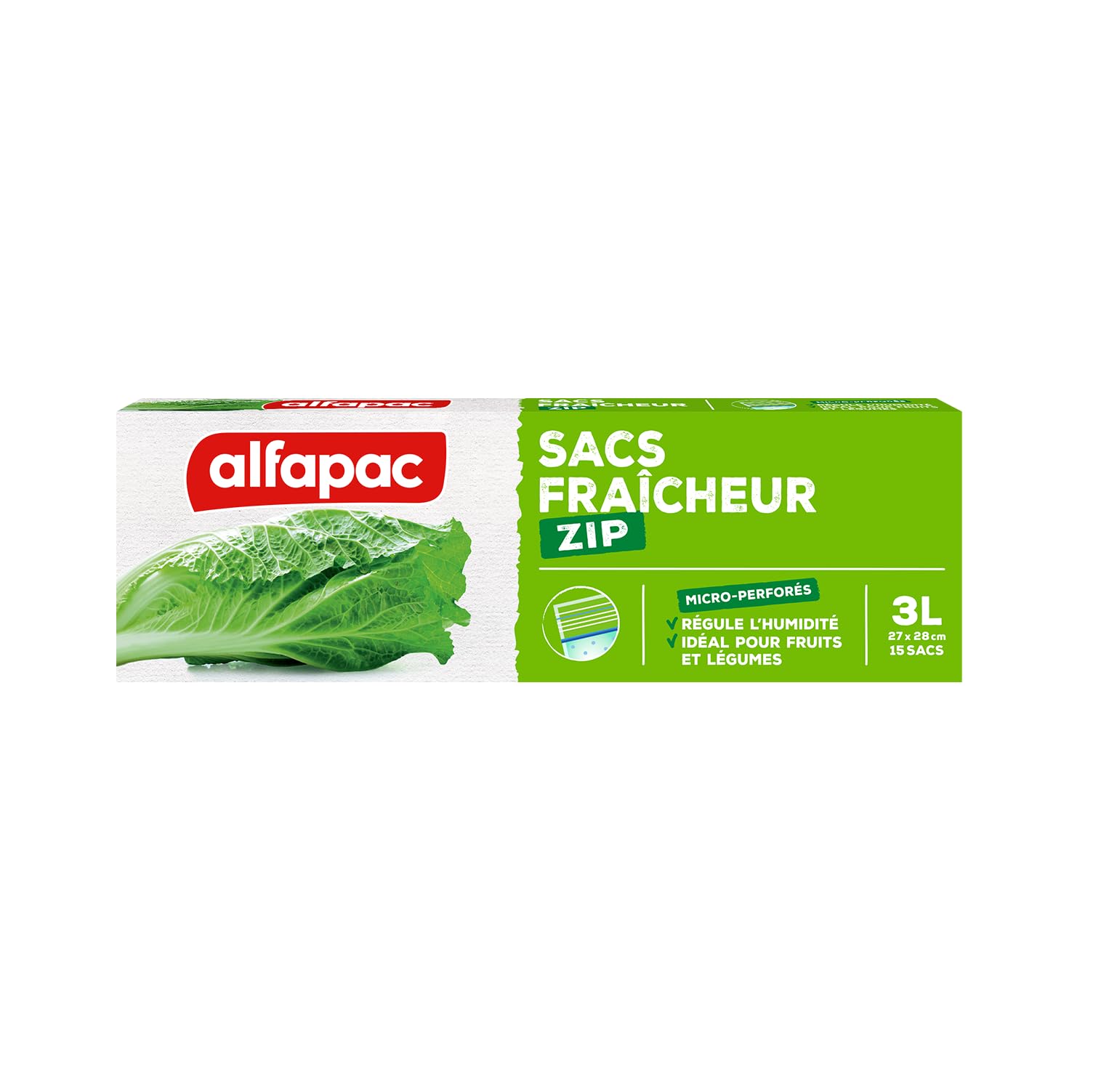 Alfapac SF 1 Frischhaltebeutel, 15 Stück je Packung, 3 Packungen, mikroperforiert, 27 x 28 cm, wiederverwendbar, Reißverschluss, Durchsichtig, Polyethylen (PE), rechteckig