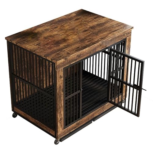 fancyfly大型犬用金属製ペットケージ 屋根付き高耐久性 プッシュプル式トレイで清掃簡単 車輪付き室内外兼用 組み立て簡単安全性高 リビング・ベランダ使用に最適 大容量ペットゲージ (『100*67*89.5』,スモークブラウンです)