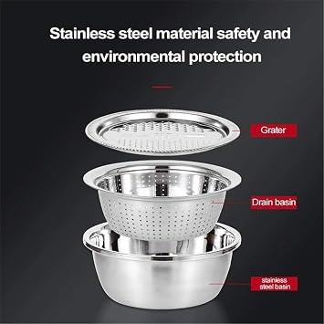 Stainless Steel Shredding and Drainage, Multifunction Stainless Steel Basin Shredder Bowl, 5-in-1 Kitchen Strainer Bowl Set with Food Grater, Heavy Duty Mixing Bowl & Colander (30cm/11.81in)