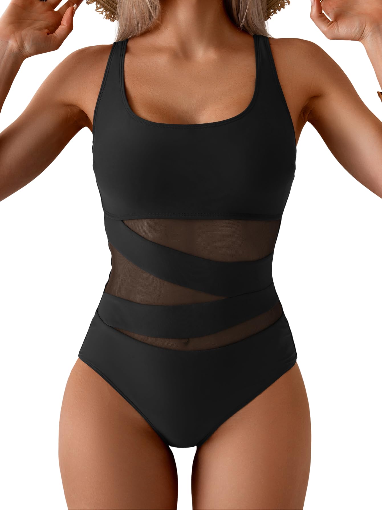 B2prity Womens Mesh One Piece Swimsuit Tummy Control Sexy Bathing Suit Push Up Swim Suit Slimming Swimwear