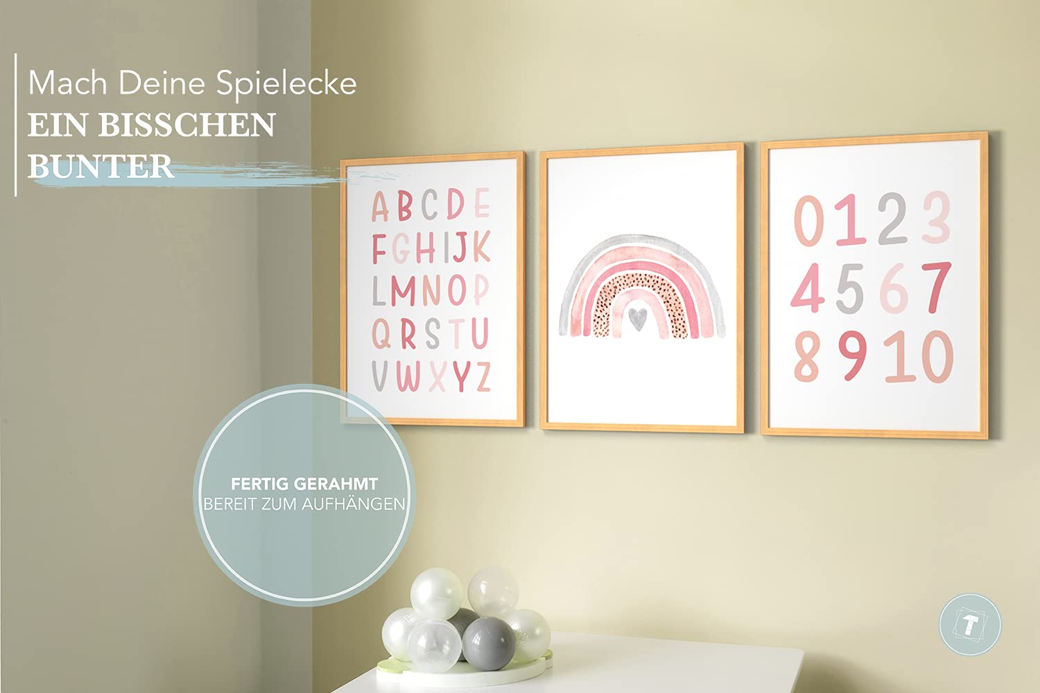 Papierschmiede® Kinderbilder 3er Set Lernposter, A3 gerahmt in Holzrahmen (Natur), Geschenk für Mädchen Kinderzimmer Vorschule| Alphabet Buchstaben, ABC Zahlen Regenbogen rosa