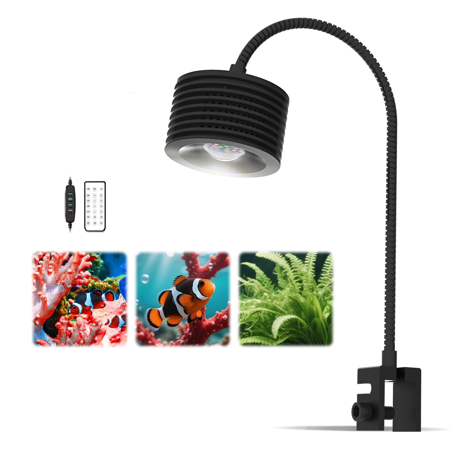 Lominie Aquarium Led Beleuchtung,Clip On Aquarium Lampe,30W | Aquarium Beleuchtung 6500K mit Verstellbarem Schwanenhals,Vollspektrum Nano Aquarium Lampe mit Zeiteinstellung(Süßwasser)