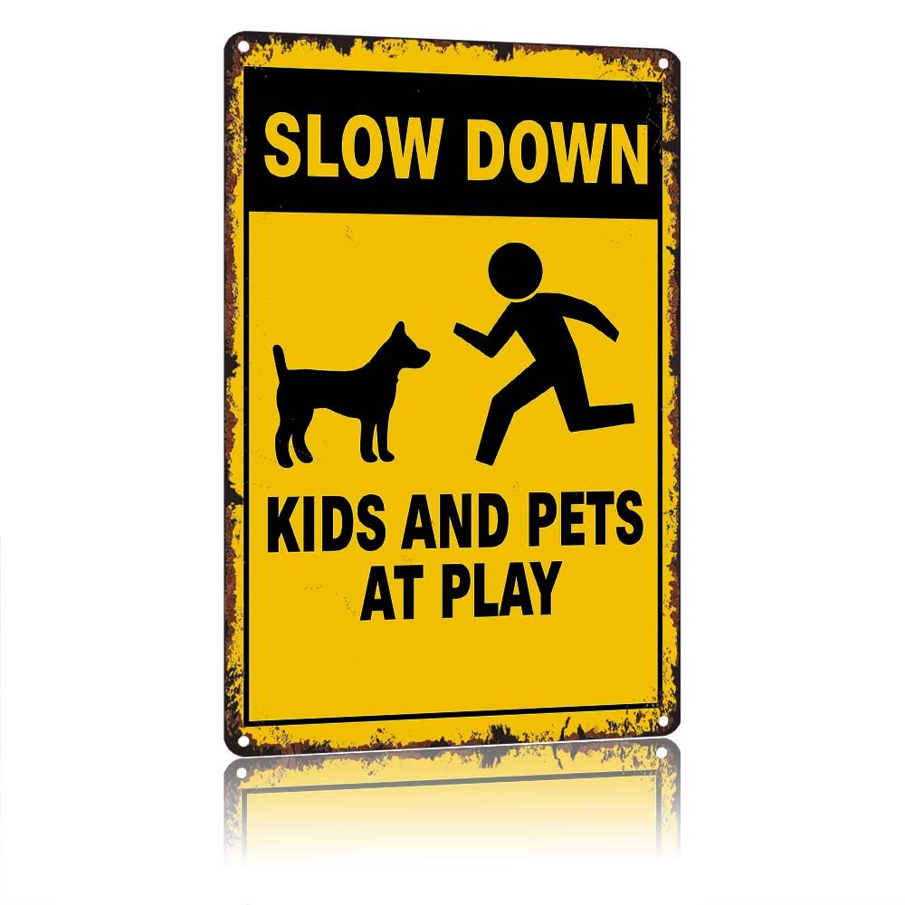 Slow Down Kids And Pets At Play Warning Decorative Metal Sign, 12X8in Vintage Aluminum Tin Sign, Rustproof Weather Resistant Printed Sign For Outdoor Neighborhood Road Driveway Yard Garden Garage Wal