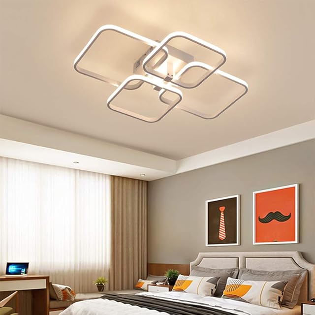 AHOUDES Modern Acrylic Ceiling Lights 4/6-Rings Pendant Lights for Living Room Bedroom Kitchen Room LED Square Chandeliers Black 3500K to 6000K (white4Rings)