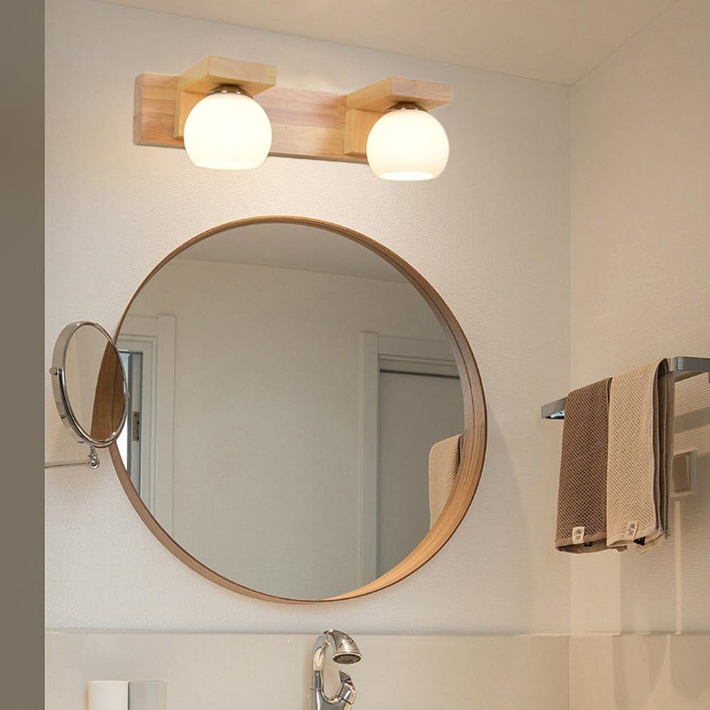 Mengjay Holz Wandleuchte Innen,Vintage Spiegelleuchte Bad Spiegellampe Badezimmer G9 Wandlampe mit Kugel Glas Lampenschirm für Schlafzimmer Flur Wohnzimmer Küche (2 Flammig)