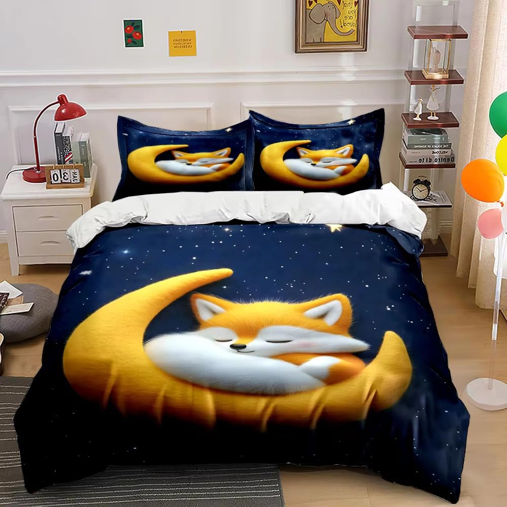 NDXRWDZR King Size Duvet Set Moon Fox Duvet Cover with Zipper Closure Bedding Set for Aldults Kids Soft Hypoallergenic Microfiber Quilt Cover 230x220 cm + 2 Pillowcases 50x75 cm