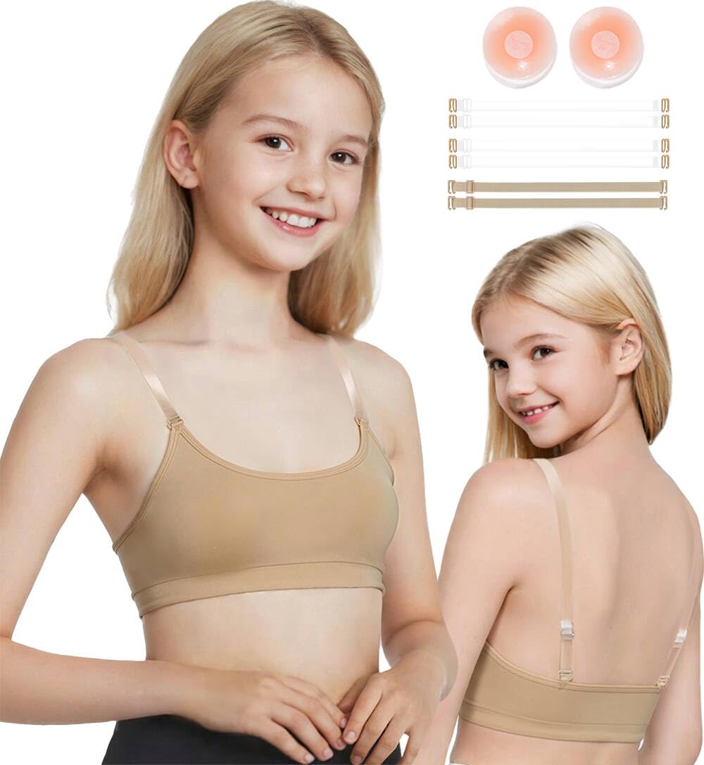 DANSHOW Girls Dance Bra Seamsless Nude Bras for Teens Girl with 2 Pairs of Clear Straps Silicone Pads