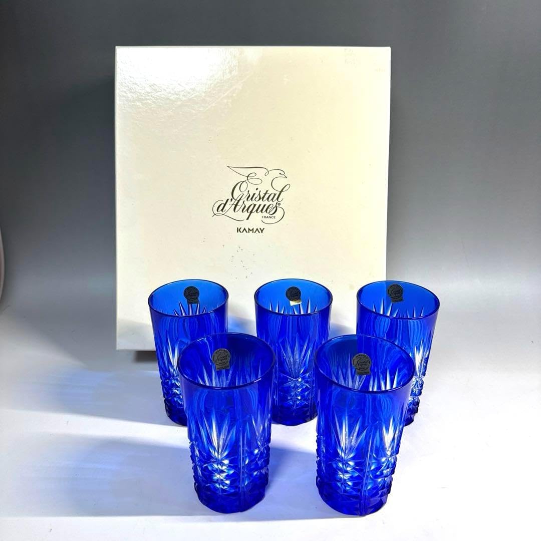 クリスタル・ダルク 色被切子 5個セット 未使用 クリスタルダルク 瑠璃色被 切子グラス 5点セット フランス製