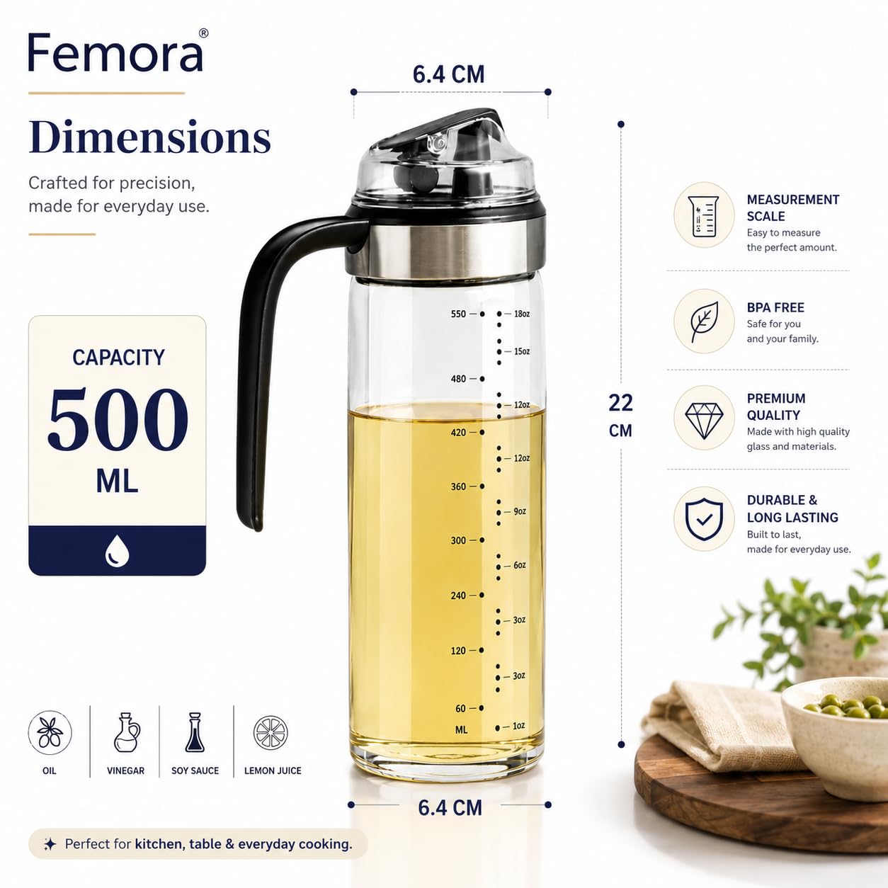 Femora Oil Dispenser | Glass Oil Bottle | 1 Year Warranty | Cooking Oil Dispenser 500ml Pack of 1 Oil Bottle