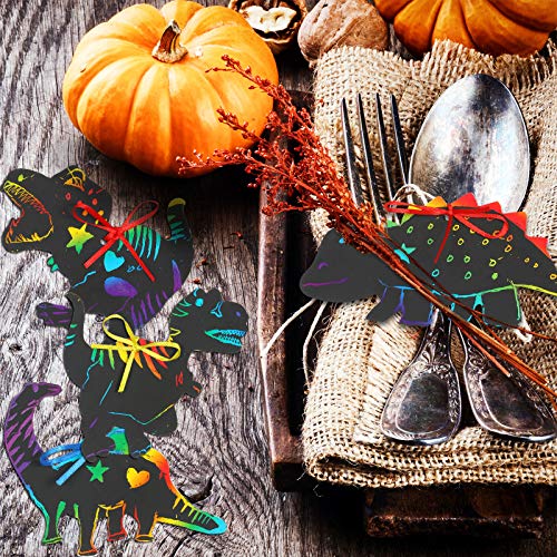 outus 120pcs scratch dinosaur craft art kits for kids with 48 scratch dinosaur paper24 wooden styluses and 48 ribbons for theme birthday party game supplies