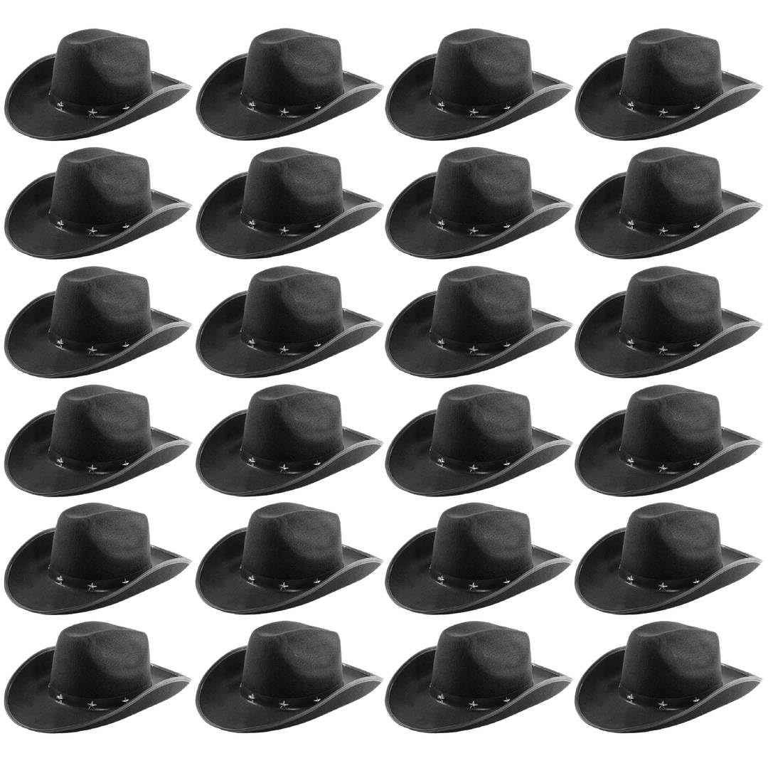 Black Cowboy Hats - Pack of 24 - Star Studded Felt Cowgirl Hats - Fun Wild West Fancy Dress Accessories for Hen Parties, Festivals, Events & Group Costumes