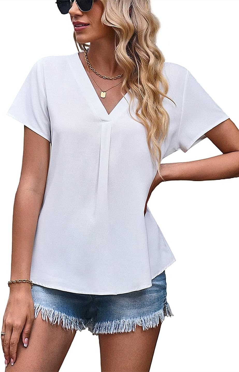 lime flareWomen Dressy V Neck Business Casual Pleated Blouse Tshirt
