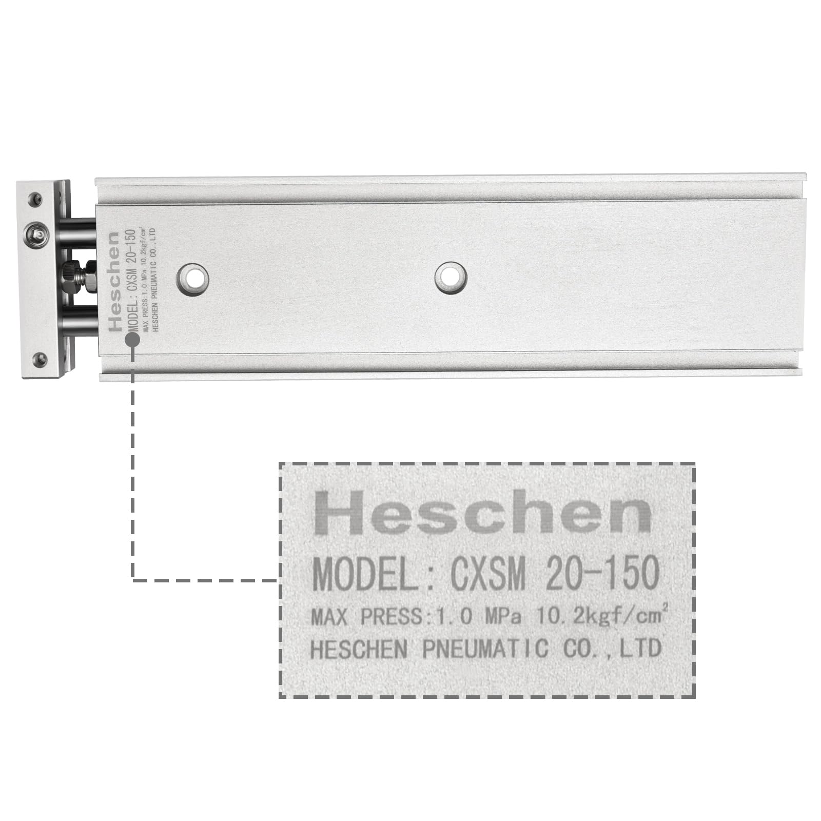 Heschen Doppio cilindro pneumatico in alluminio CXSM 20-150 Piastra di guida Doppia asta Cuscinetto scorrevole pneumatico ammortizzato Foro 20 mm Corsa 150 mm Doppio effetto
