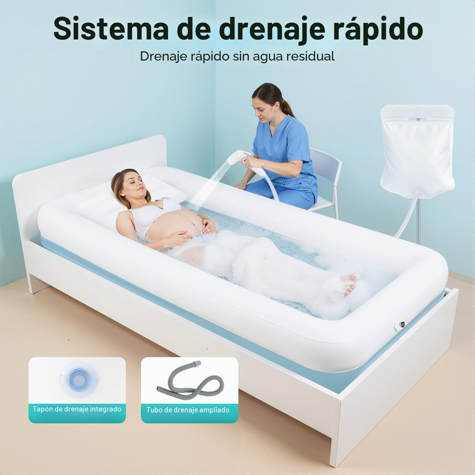 Juego de bañera de ducha inflable, sistema de ducha simple en la cama, ayuda de baño en la cama para discapacitados, ancianos, postrados en cama, bañera plegable con bolsa de agua y bomba de aire