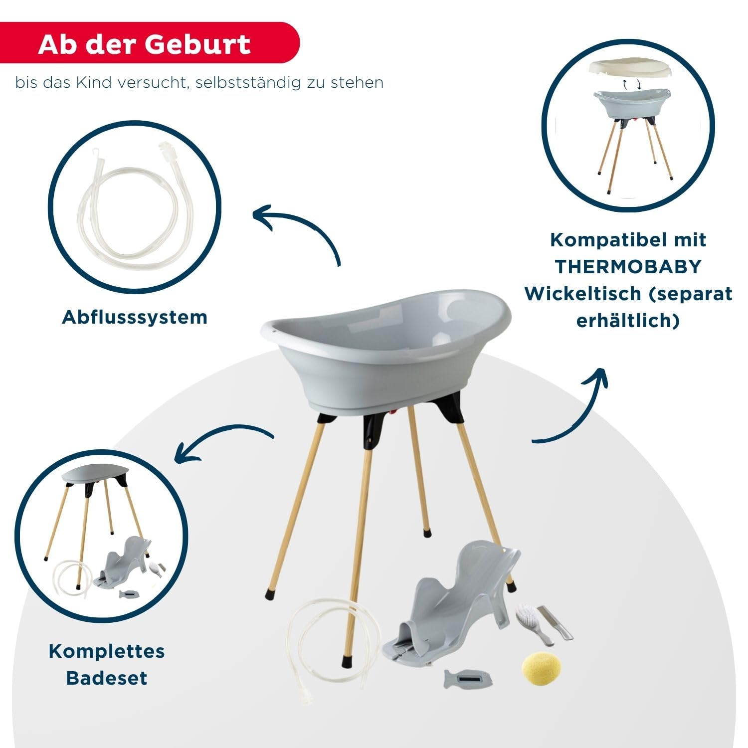 Thermobaby - VASCO 7-in-1-Babybadepaket - Badewanne, Holzfuß, Abflusschlauch, Badeliege, Thermometer -Bürste, Kamm, Schwamm - Zusammenklappbar & Stabil - Grau Charme